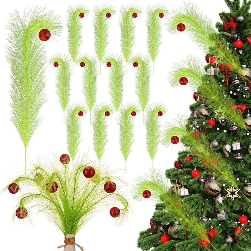 Pampas Grass Decor - クリスマスツイストグリーンブランチエルフデコレーション、グリンチグリーンフェイクパンパスリードグラス、クリスマスホームパーティー用人工グリーンステム