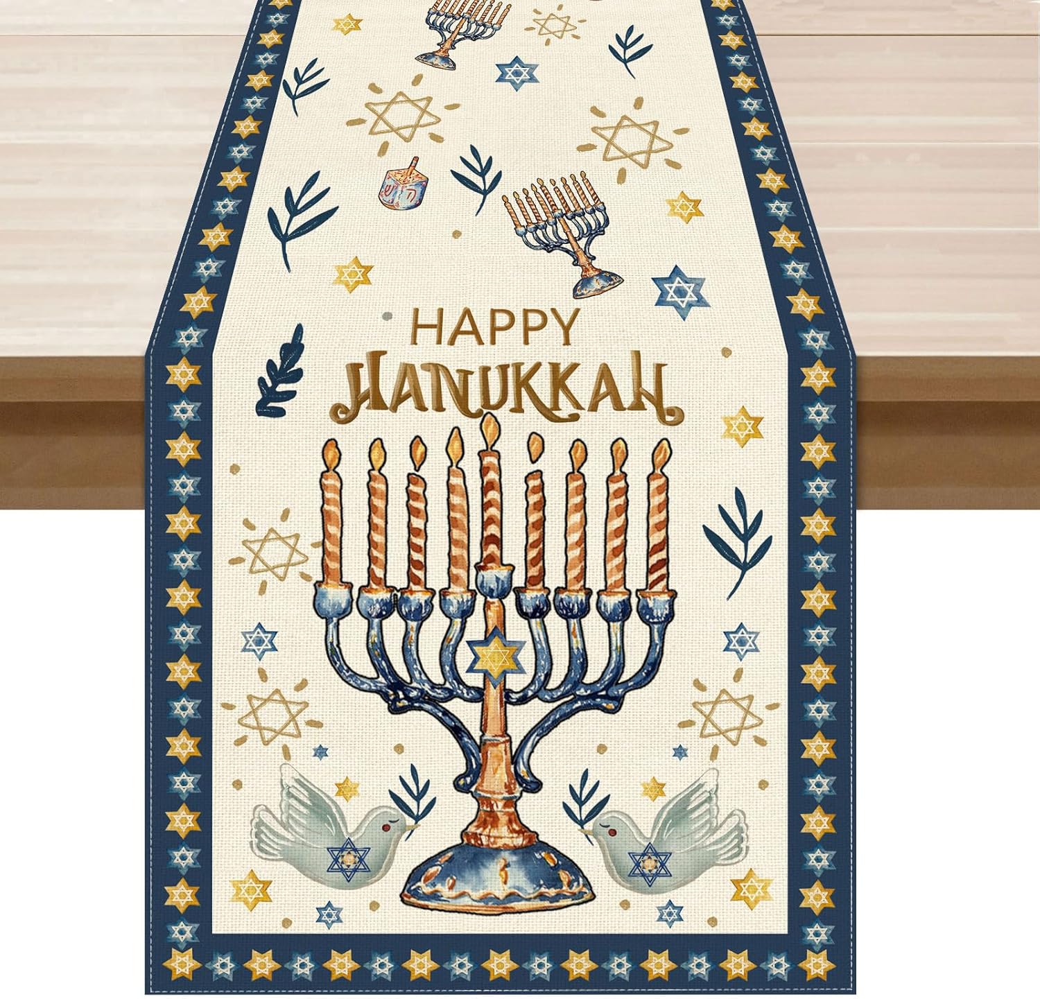 Linen Table Runner - ハヌカハヌカメノーラ六芒星テーブルランナー ユダヤ人の祝日の装飾 再利用可能なキッチンダイニングテーブルランナー パーティー装飾