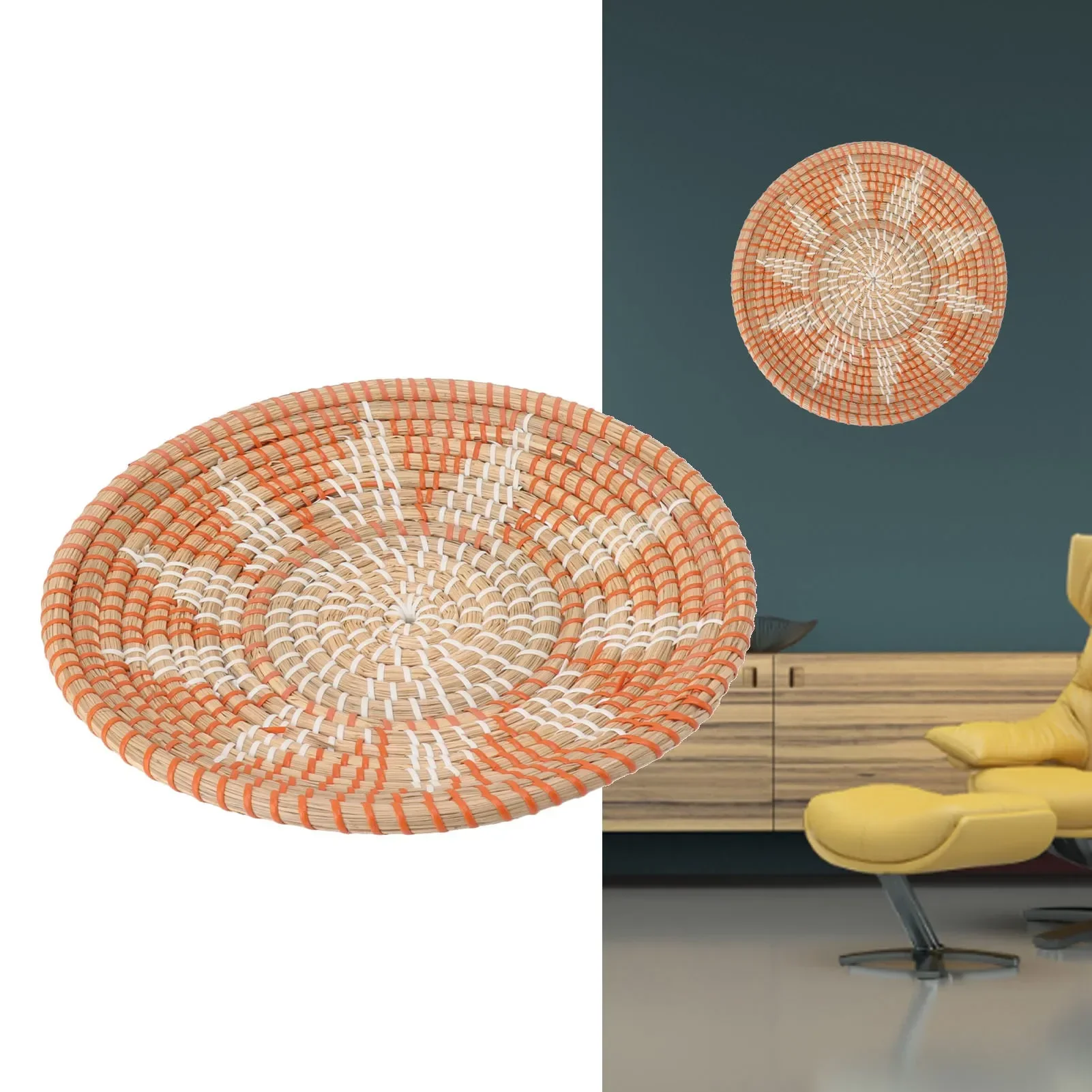 Rattan Plant Basket - 丸い草壁飾り 直径35cm 手編み吊り下げ織り壁かご リビングルーム キッチン ホームデコレーション用