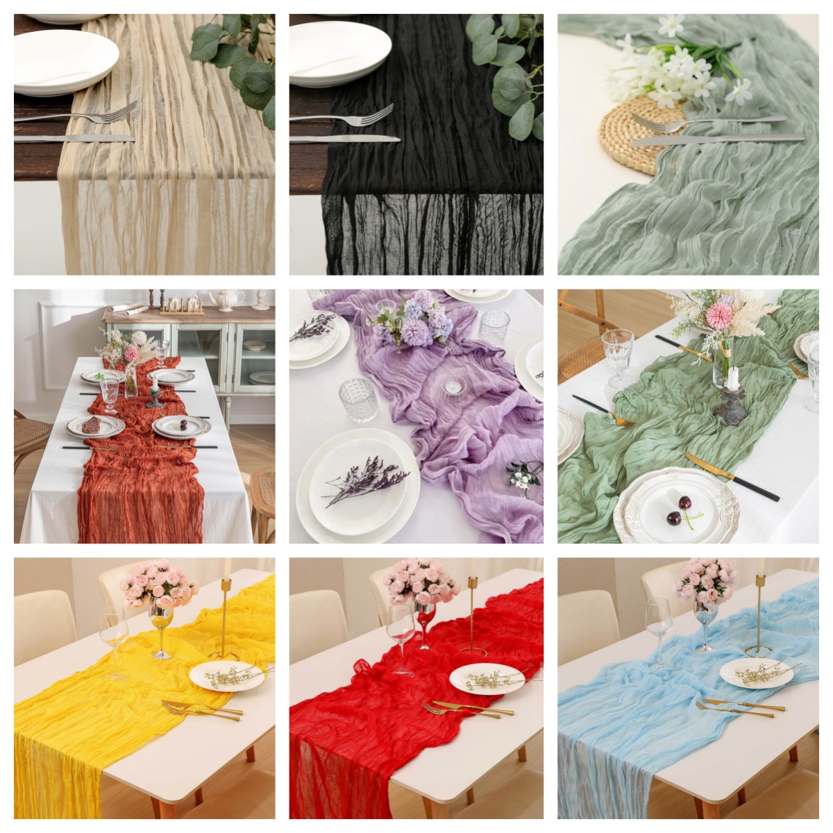 Linen Table Runner - ボヘミアン風ガーゼテーブルランナー、しわ加工チーズクロス製テーブルランナー、結婚式、ブライダルシャワー、パーティーテーブルデコレーション用
