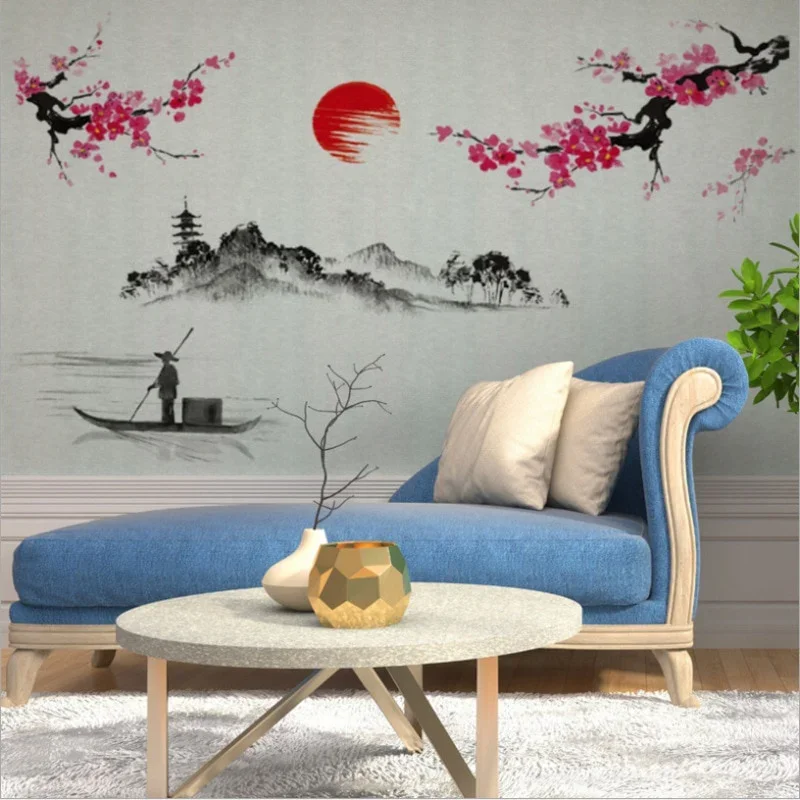 Home Decor Indonesia - 中国風の桜日本のピンクの桜の木の装飾壁画デカールウォールステッカーポスター壁紙装飾。