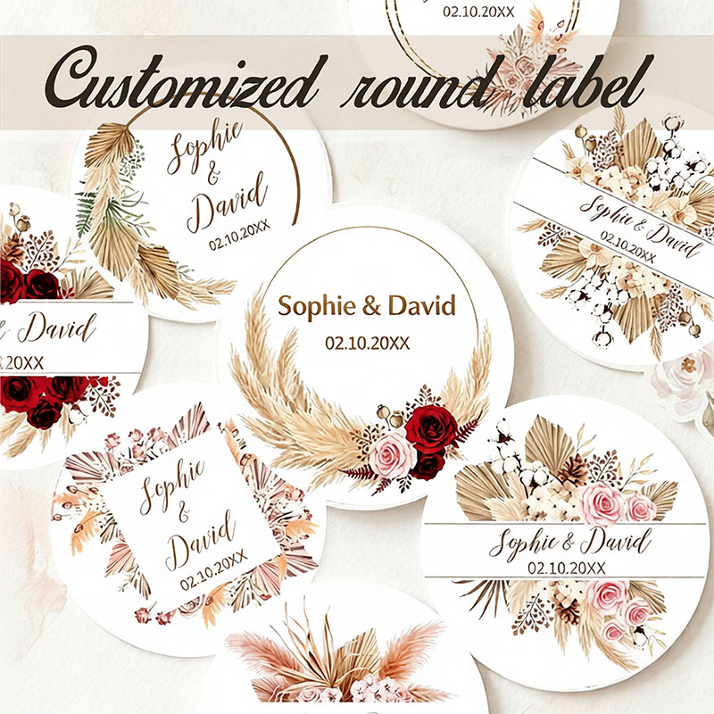 Pampas Grass Decor - パーソナライズされたボヘミアン風ドライパンパスグラス扇子ウェディングステッカー、カスタム名・日付入り、ブラッシュバーガンディローズギフトボックスウェディングステッカー