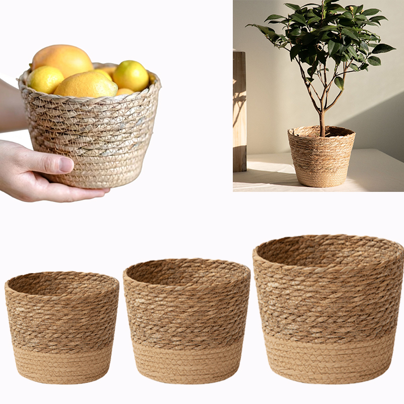 Rattan Plant Basket - 多目的織物収納バスケット、素朴な装飾的な花植木鉢（ギフト用）、家庭装飾用収納バスケット（果物、食料品用）
