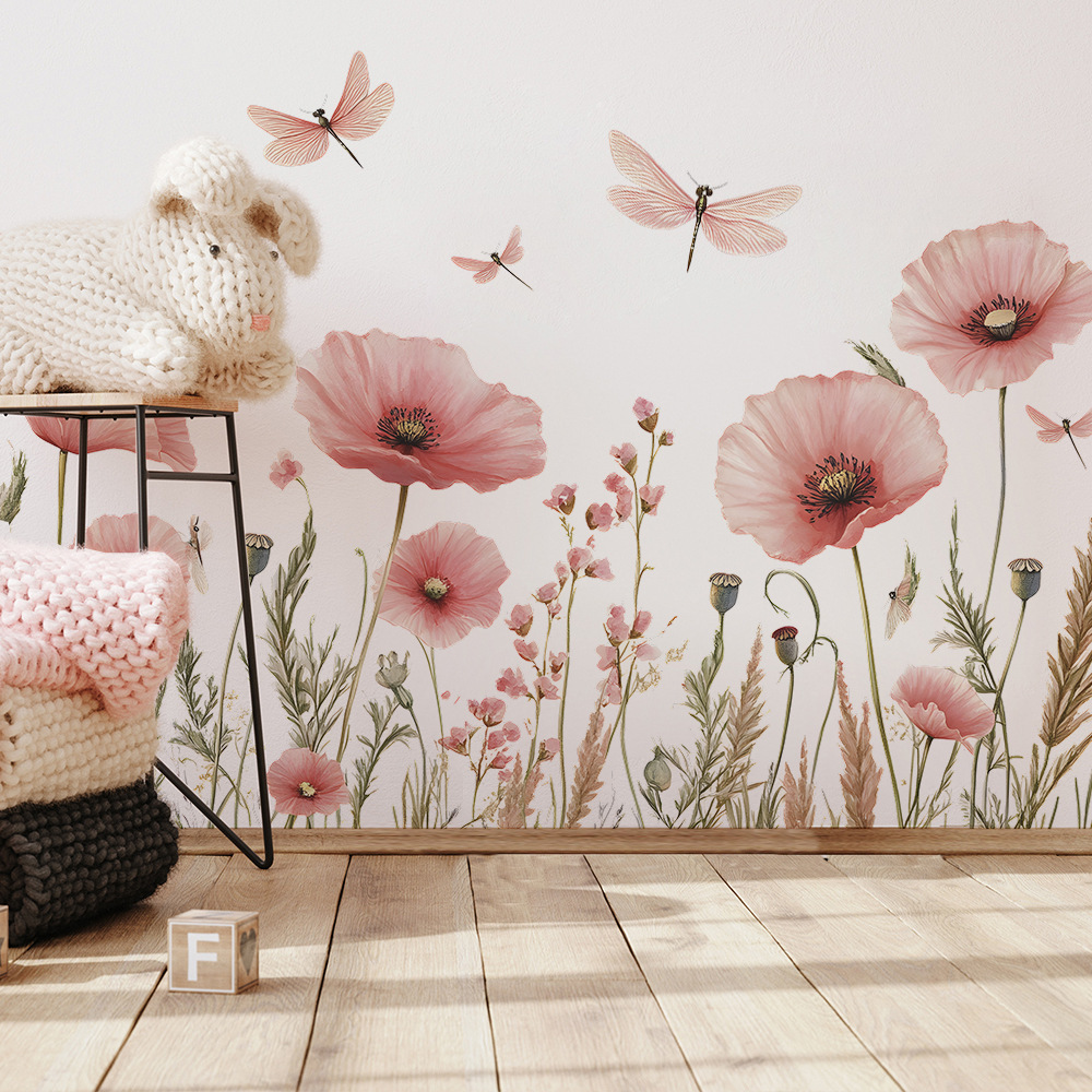 Home Decor Indonesia - トンボの水彩画のウォールステッカー,粘着性のステッカー,ピンクの花,リビングルームの背景の装飾,寝室の壁画,家の装飾