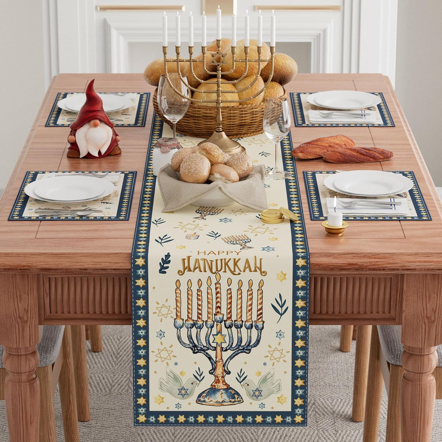 ハヌカハヌカメノーラ六芒星テーブルランナー ユダヤ人の祝日の - Linen Table Runner のレビューと価格
