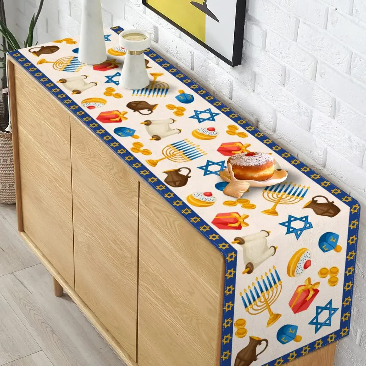 ハヌカのリネン製テーブルランナー、パーティー用テーブルデコレ - Linen Table Runner のレビューと価格