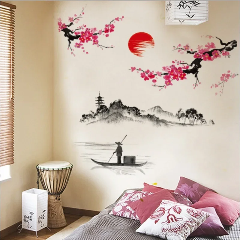 中国風の桜日本のピンクの桜の木の装飾壁画デカールウォールステ - Home Decor Indonesia のレビューと価格