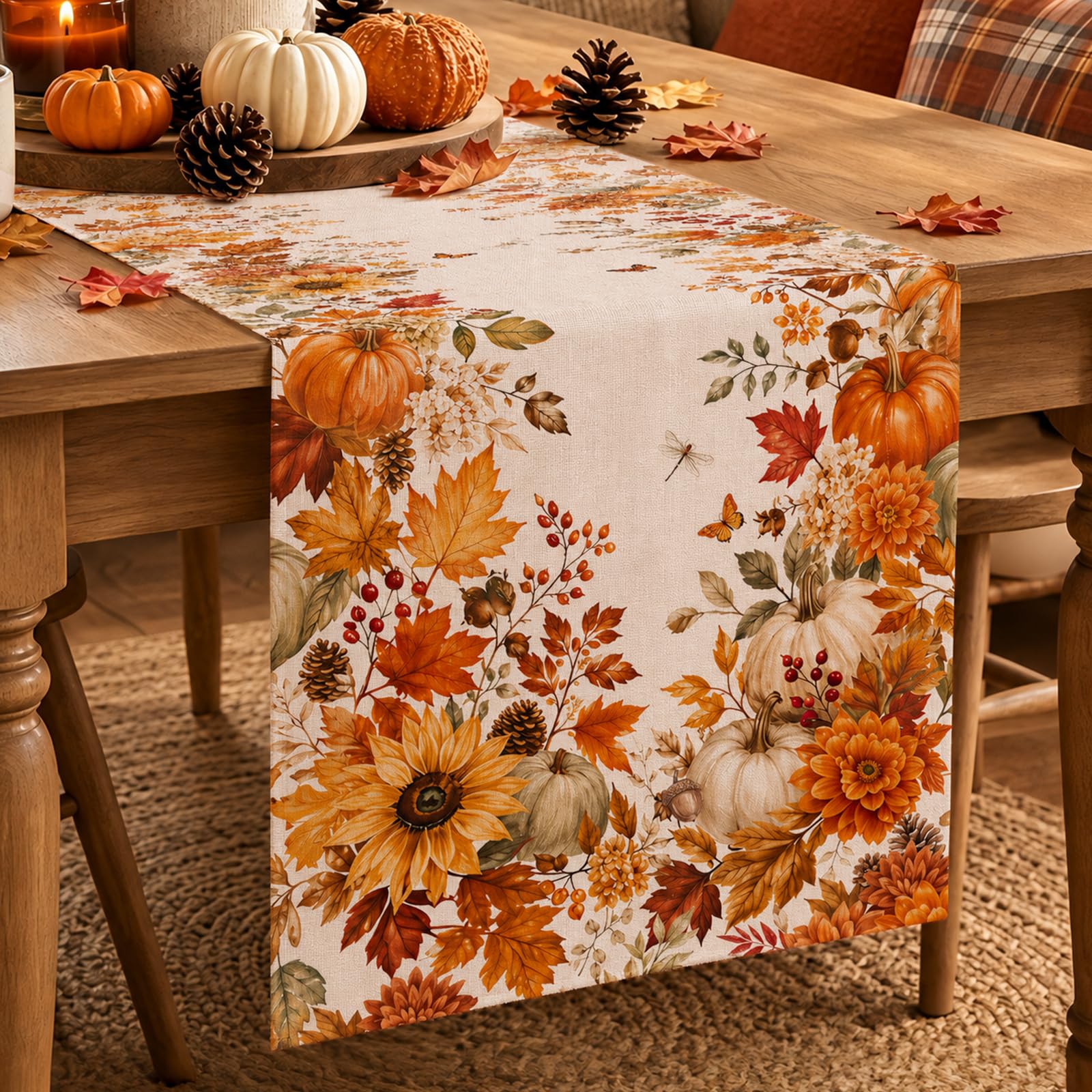 秋のひまわり・かぼちゃ・カエデの葉のテーブルランナー、感謝祭 - Linen Table Runner のレビューと価格