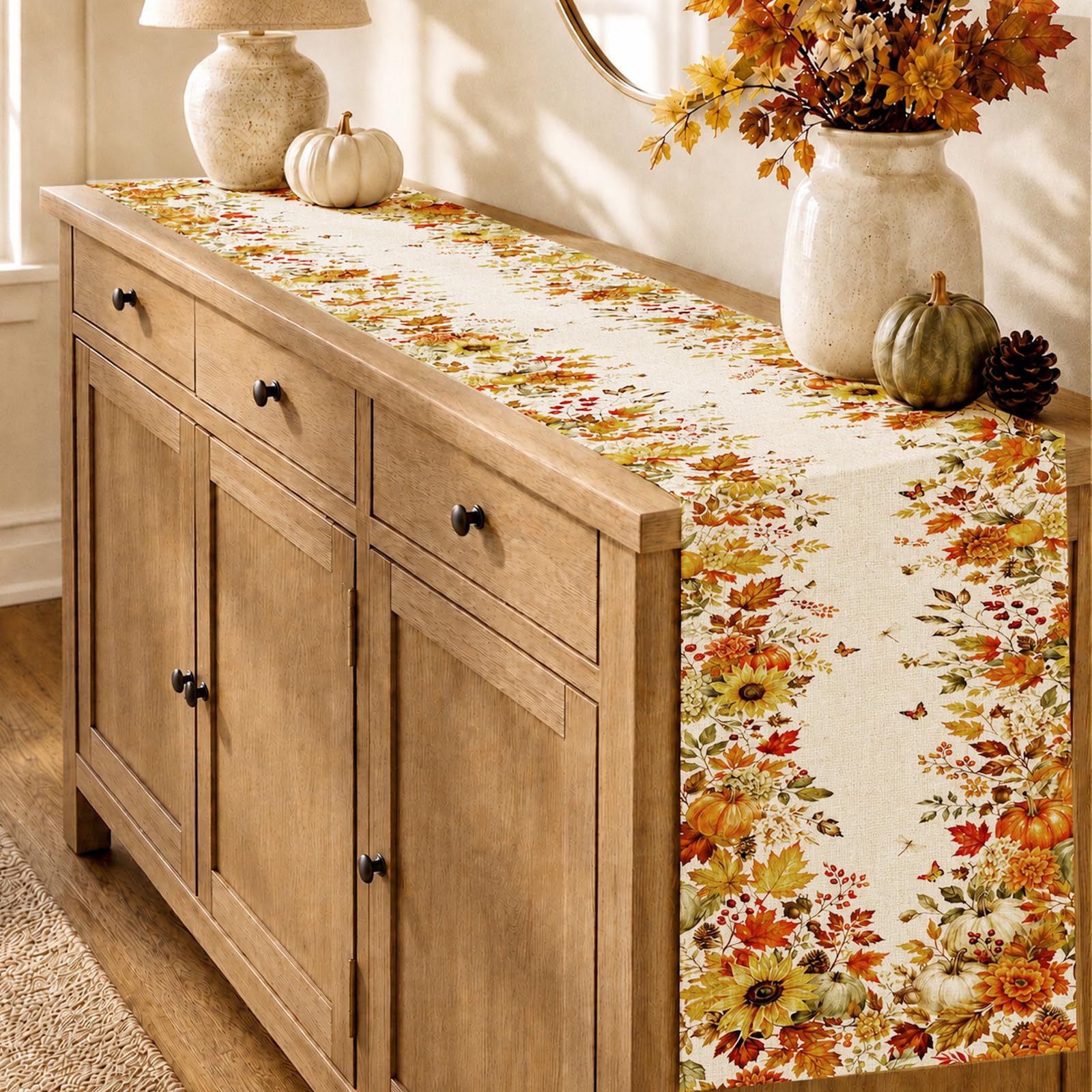 秋のひまわり・かぼちゃ・カエデの葉のテーブルランナー、感謝祭 - Linen Table Runner のレビューと価格